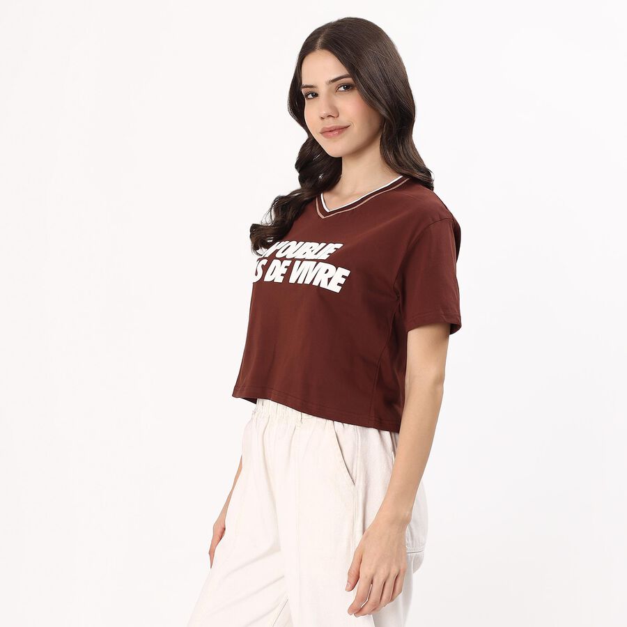 Women's Deep Brown Cotton V-Neck Casual Crop T-Shirt, Brown, large
