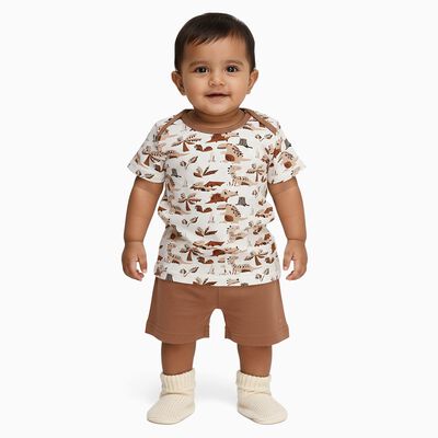 Infants' Beige Cotton Round Neck Printed Baba Suit