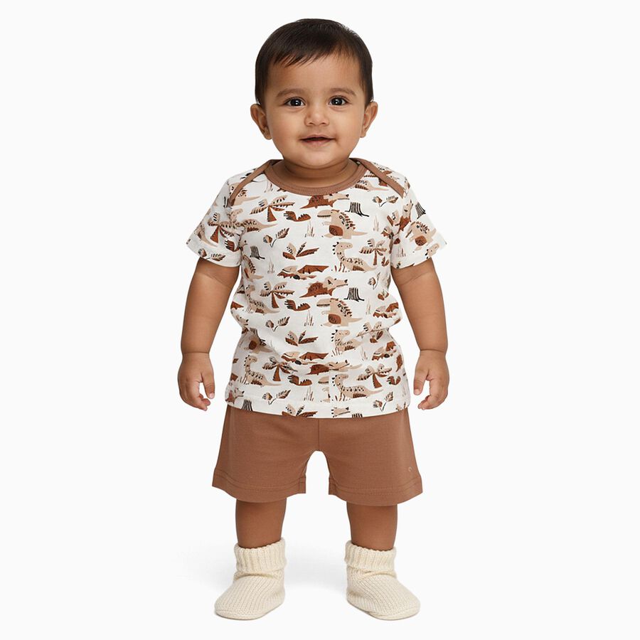 Infants' Beige Cotton Round Neck Printed Baba Suit, Beige, large image number null
