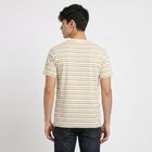 Men's Cream Round Neck Striped Regular T-Shirt, ऑफ व्हाइट, small