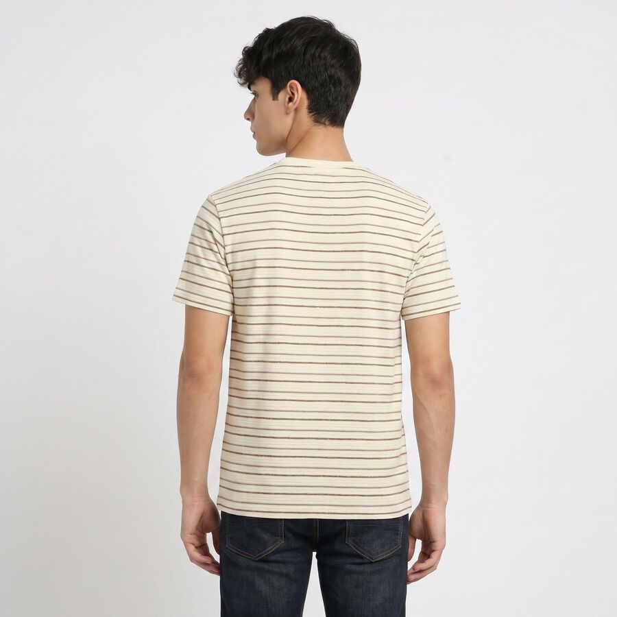 Men's Cream Round Neck Striped Regular T-Shirt, ऑफ व्हाइट, large