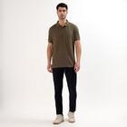 Men's Olive Green Polo Neck Textured T-Shirt, Olive, small