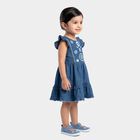 Girls' Blue Tiered Embroidered Ruffle Sleeve Frock, मध्यम नीला, small