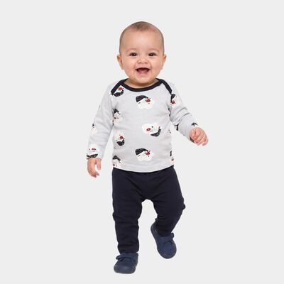 Infants' Navy Blue 100% Cotton Round Neck Printed Baba Suit