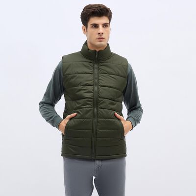Men's Dark Olive High Neck Sleeveless Jacket