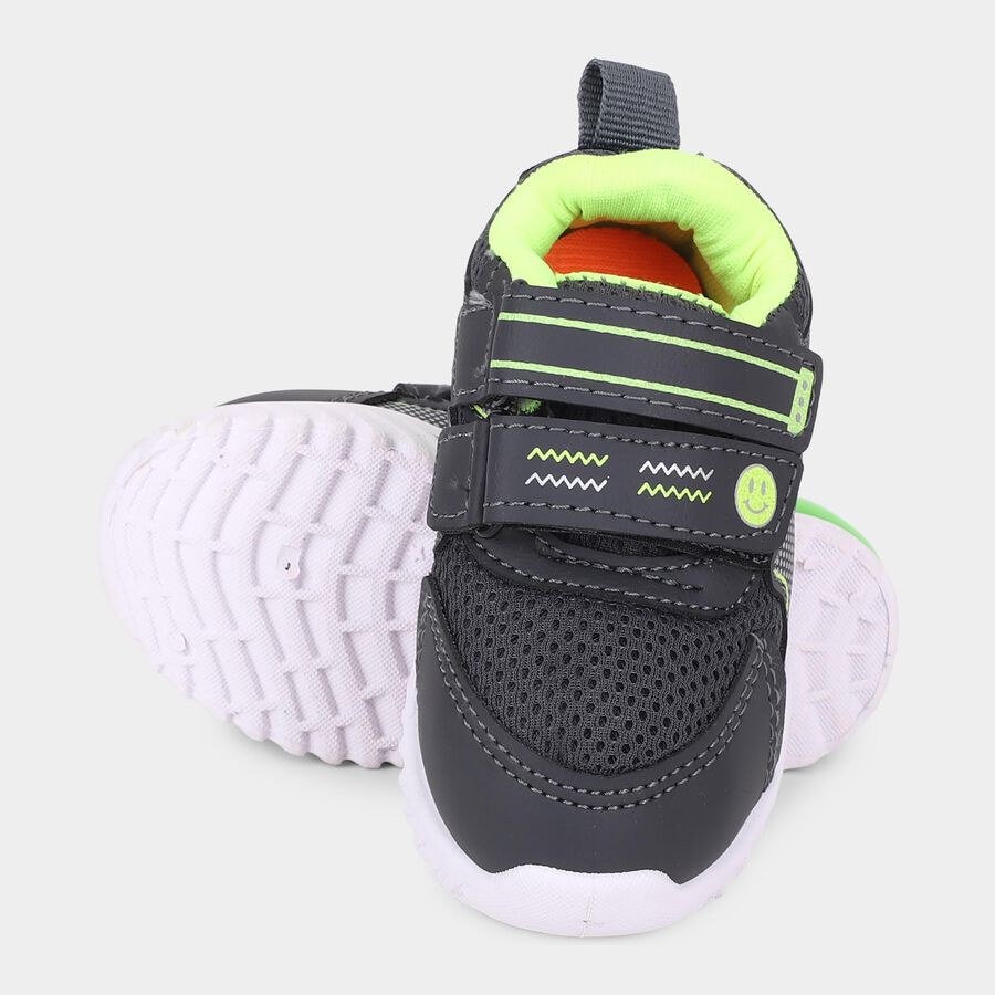 Boys Dark Charcoal Black and Neon Green Velcro Casual Sneakers, Grey, large image number null