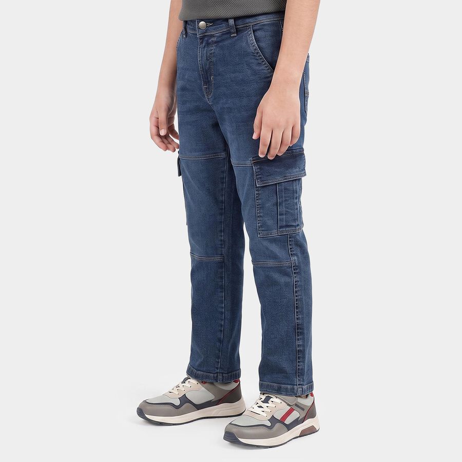 Boys Blue Straight Fit Cargo Jeans, Mid Blue, large
