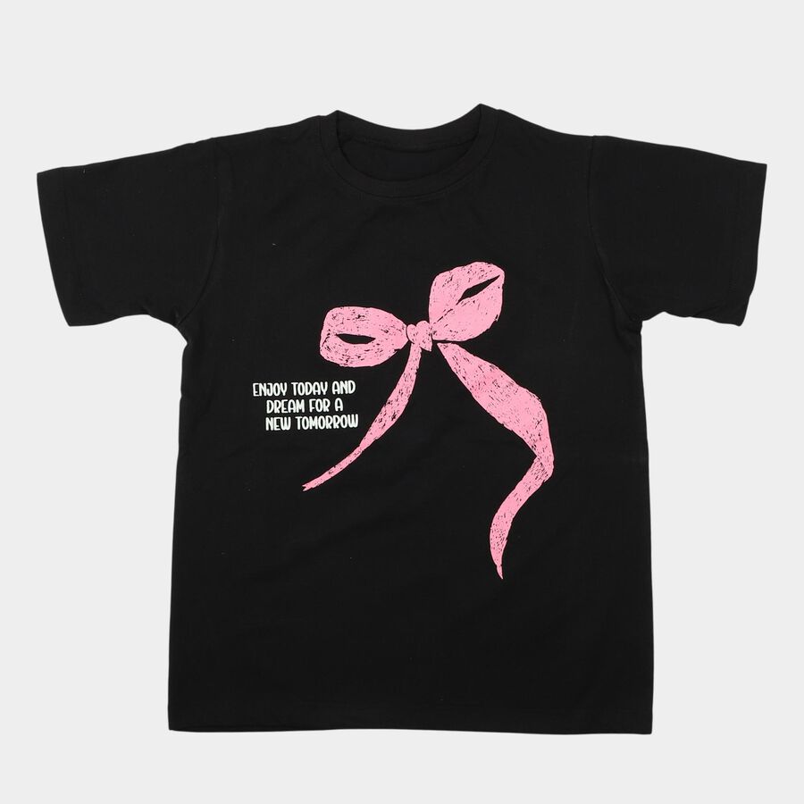 Girls Black Round Neck Regular T-Shirt, काला, large