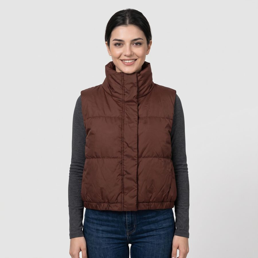 Women's Wine Stand Collar Puffer Jacket, Wine, large