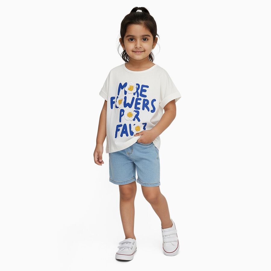 Girls' White Cotton Round Neck Casual T-Shirt, सफ़ेद, large image number null