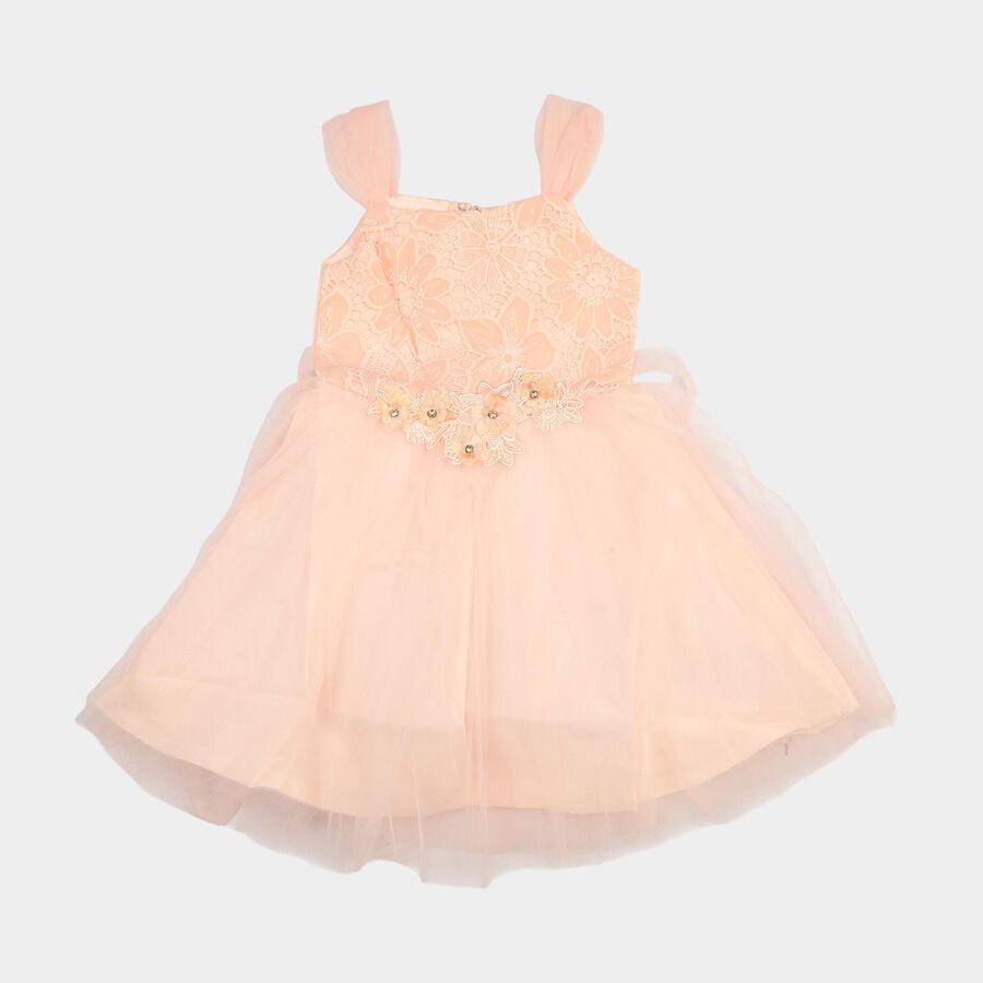 Girls' Light Pink Fit and Flare Floral Applique Party Wear Frock, Light Pink, large
