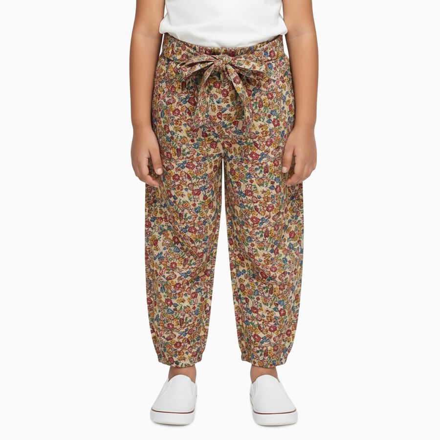 Girls' Multicolor Floral Loose Fit Tie-Waist Trousers, गहरा पीला, large image number null