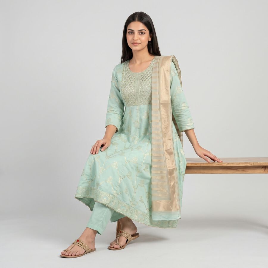 Women's Aqua Embroidered Ethnic Set, एक्वा, large