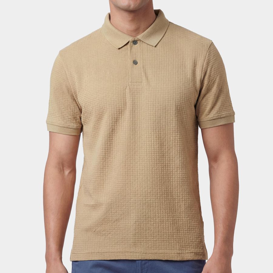 Men's Beige Polo Neck Casual Half Sleeve T-Shirt, Beige, large