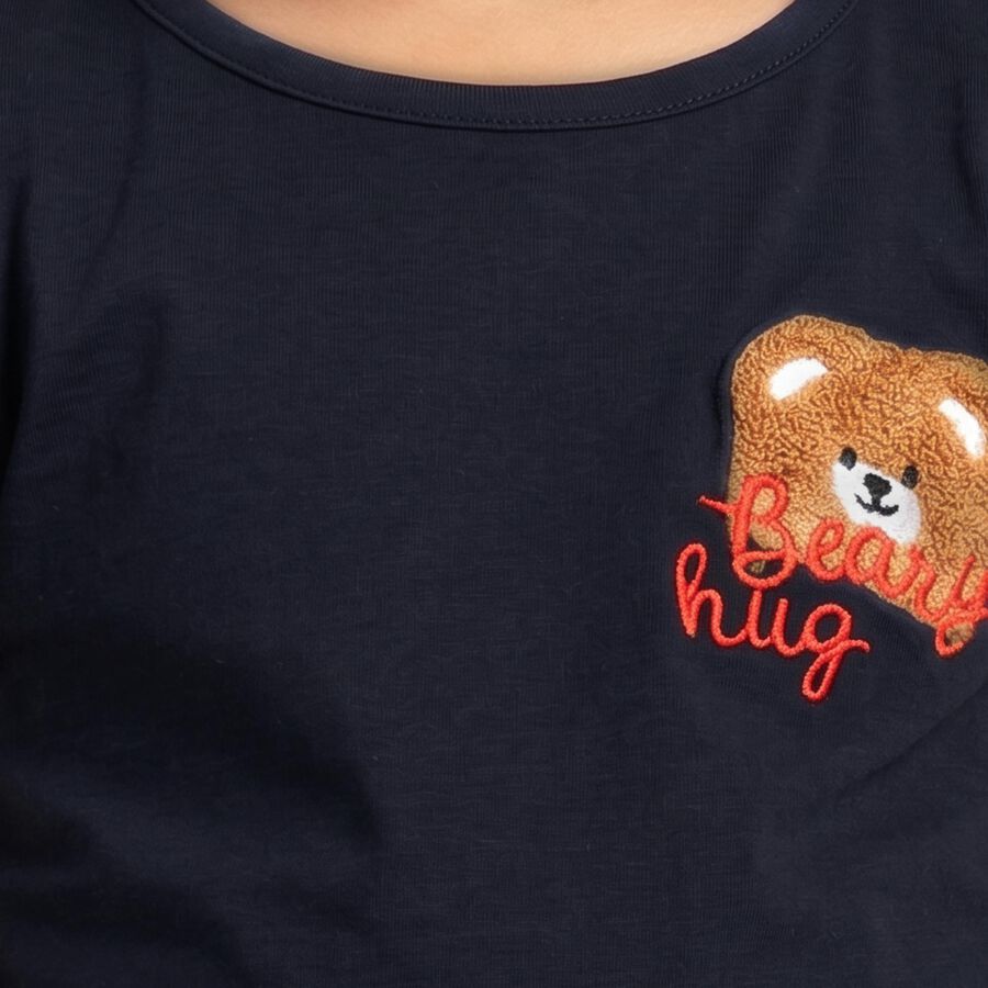 Girls Blue Cotton Round Neck Regular T-Shirt, Navy Blue, large