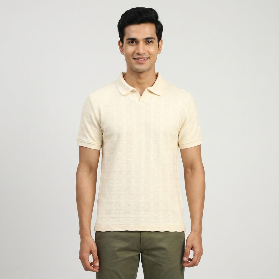 Men's White Collared Neck Casual T-Shirt, Off White, large