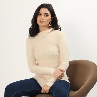 Women's Soft Beige High Neck Fitted Pullover