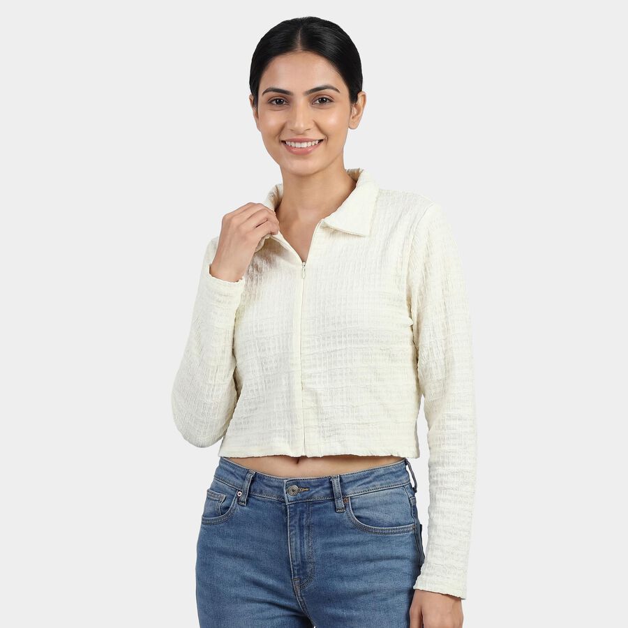Women's Off-White Mock Neck Textured Top, ऑफ व्हाइट, large