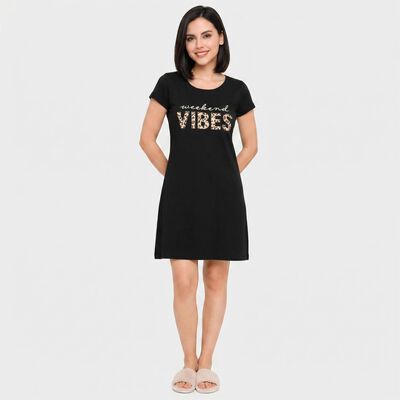 Women's Black Round Neck T-Shirt Style Nighty