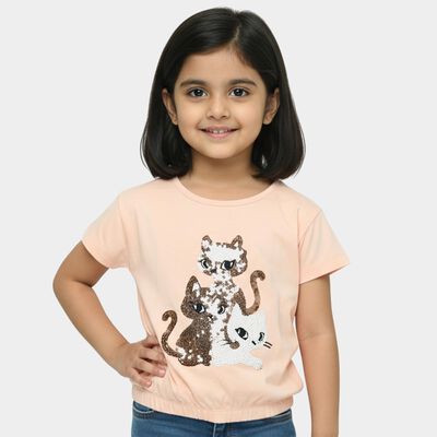 Girls' Peach Cotton Round Neck Casual T-Shirt