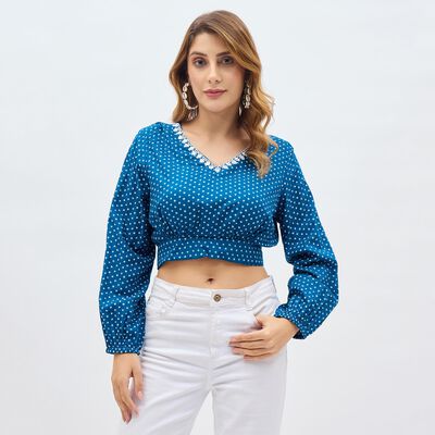 Women's Deep Peacock Blue V-Neck Embroidered Kurti