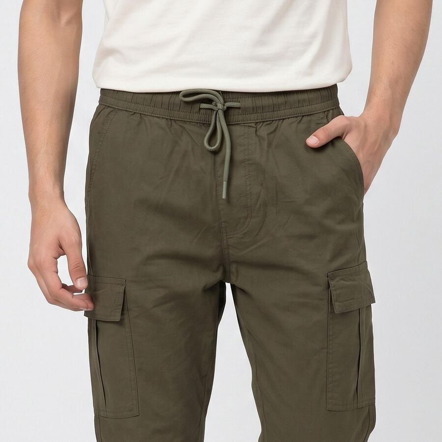 Men's Olive Green Slim Fit Cargo Trousers, Olive, large