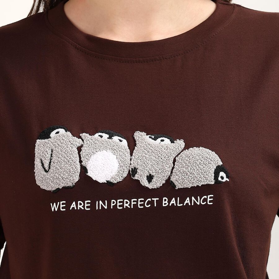 Women's Brown Round Neck Casual T-Shirt, Brown, large