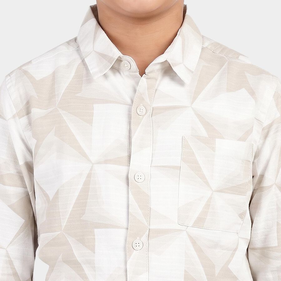 Boys Beige Cotton Geometric Casual Shirt, Beige, large