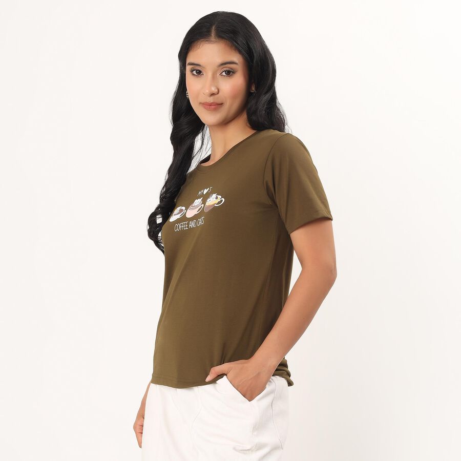 Women's Olive Round Neck Minimalist T-Shirt, Olive, large