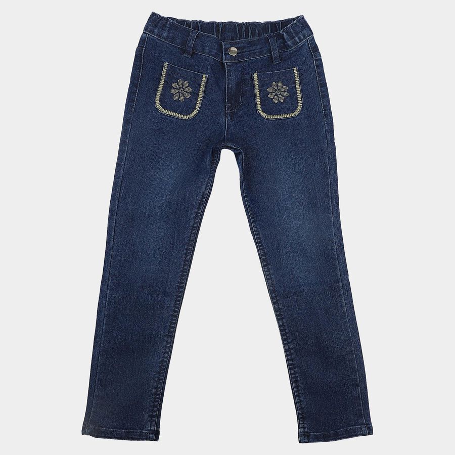 Girls' Navy Blue Straight Fit Embroidered Jeans, गहरा नीला, large