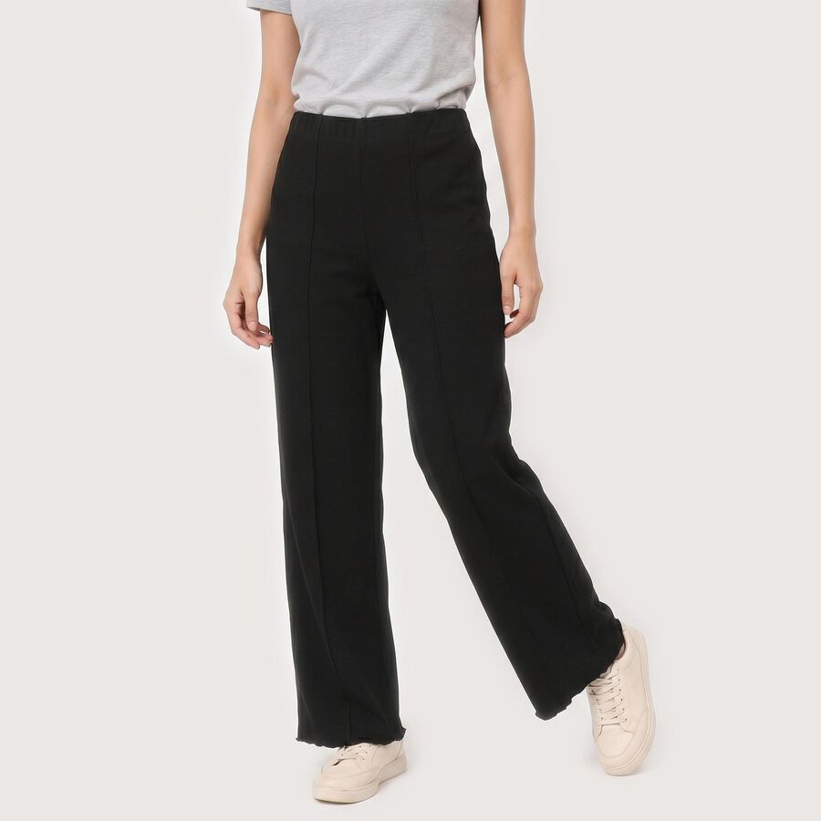 Women Black Straight Fit Seam Detail Track Pants, काला, large