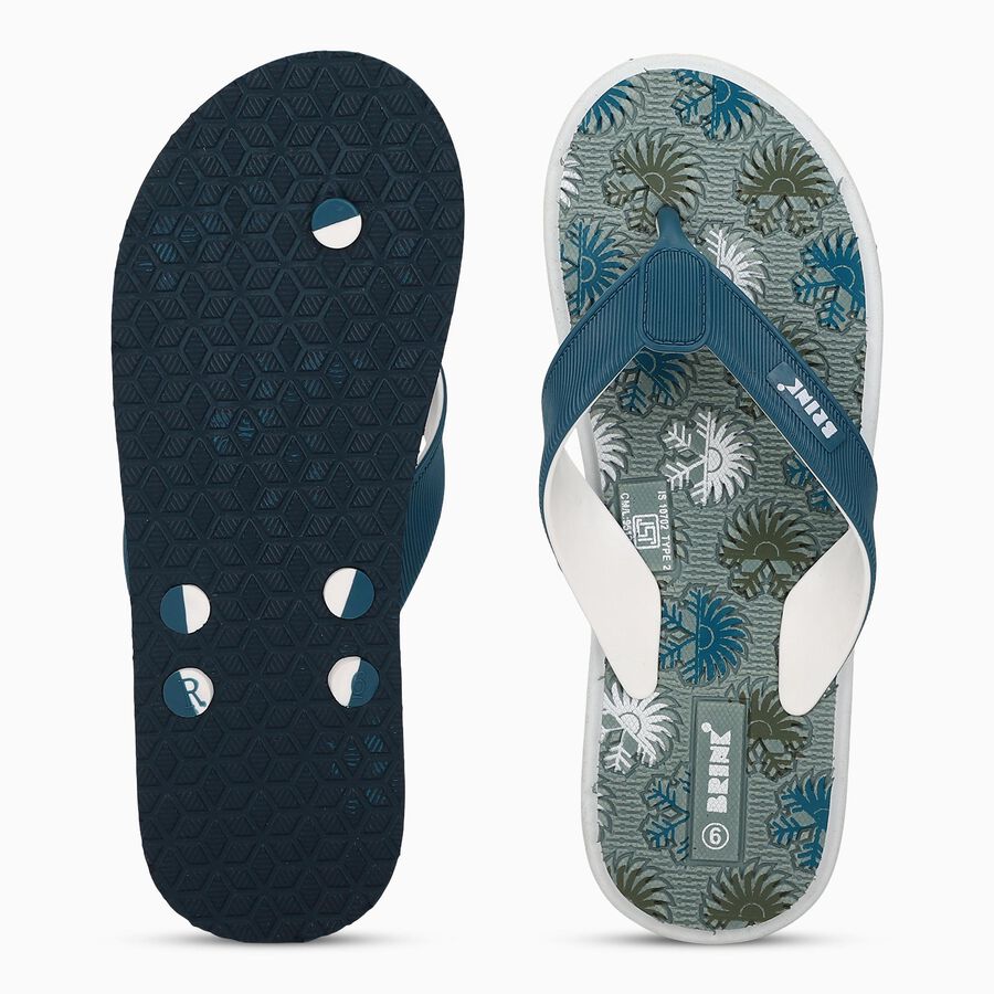 Men's Muted Teal Blue Floral Print Flip-Flops, हरा, large