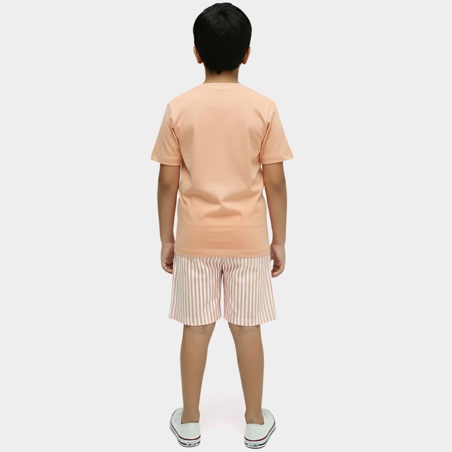 Boys' Peach Cotton Round Neck Graphic Printed Night Suit, मूँगा (कोरल), large