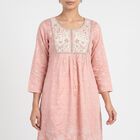Women's Pink Round Neck Embroidered Kurta, Light Pink, small