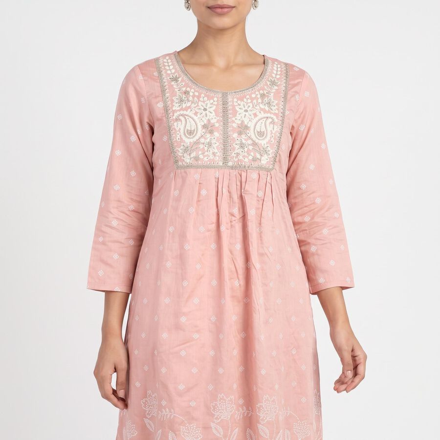 Women's Pink Round Neck Embroidered Kurta, Light Pink, large