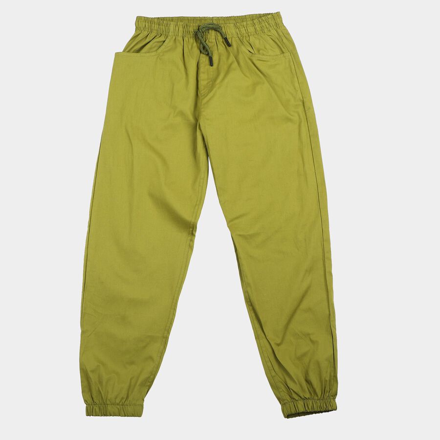 Boys Olive Green Regular Fit Solid Trousers, ओलिव, large