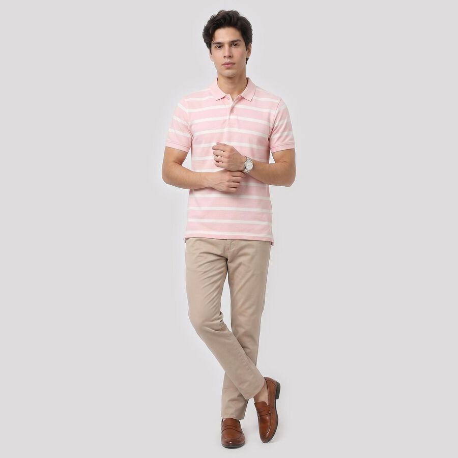 Men's Pink Polo Neck Striped Polo T-Shirt, Pink, large