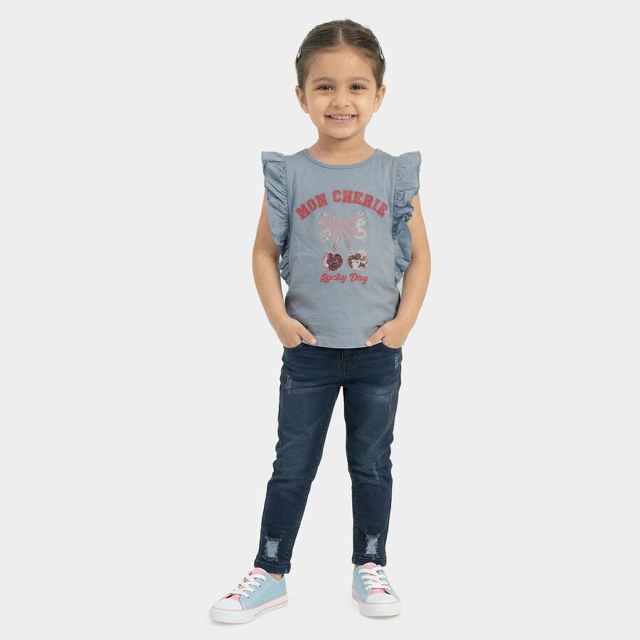 Girls Light Blue Cotton Round Neck Casual T-Shirt, Light Blue, large