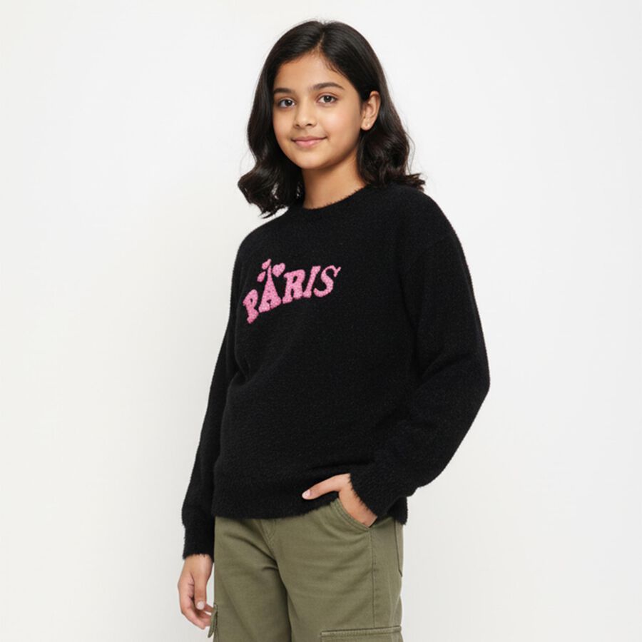 Girls' Jet Black Crew Neck Casual Pullover, Black, large image number null