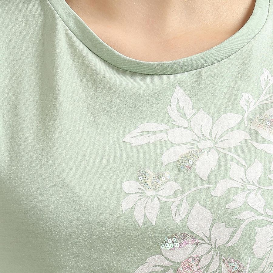 Women's Light Sage Green Round Neck Floral Print T-Shirt, Light Green, large image number null