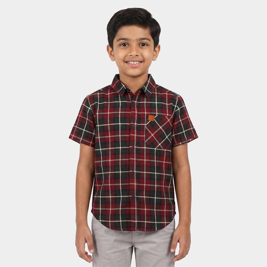 Boys Red Cotton Short Sleeve Collar Shirt, Red, large