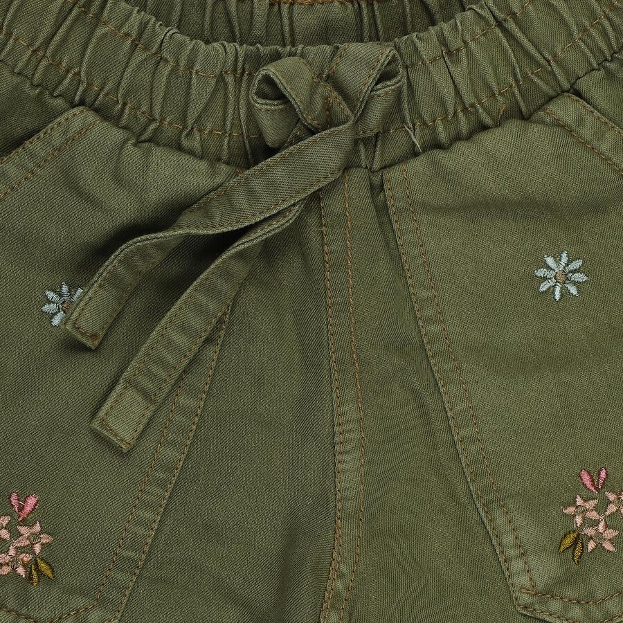 Girls' Olive Green Regular Fit Embroidered Cargo Jeans, Light Green, large