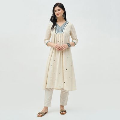 Women's Muted Blue Round Neck Classic Kurta