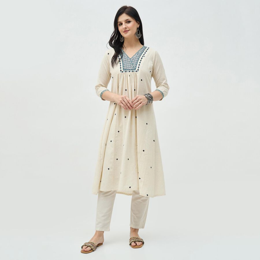 Women's Muted Blue Round Neck Classic Kurta, मध्यम नीला, large