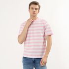 Men's Pink Round Neck Striped T-Shirt, Pink, small