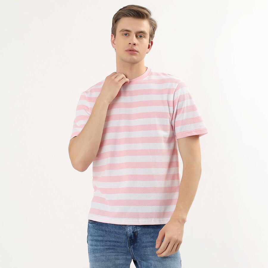 Men's Pink Round Neck Striped T-Shirt, Pink, large