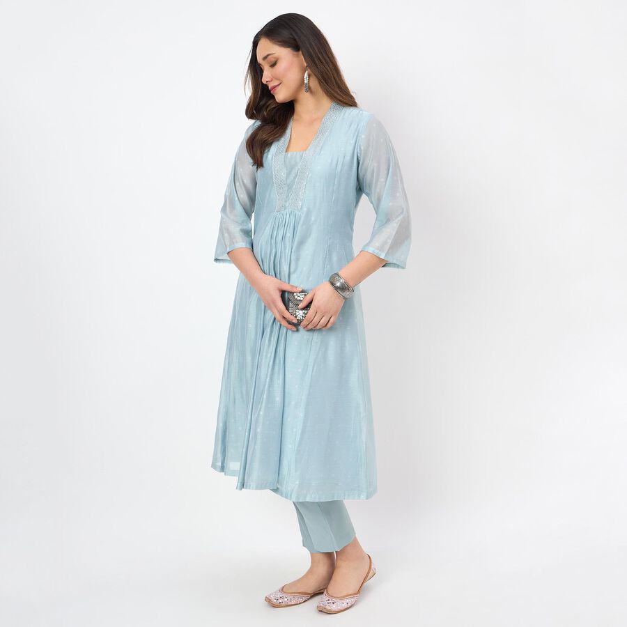Women's Blue Round Neck Solid Kurta, हल्का नीला, large