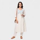 Women's Off White Cotton Notch Neck Embroidered Kurta, Off White, small