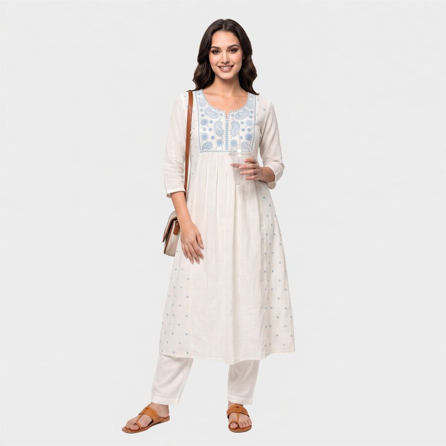 Women's Off White Cotton Notch Neck Embroidered Kurta, Off White, large
