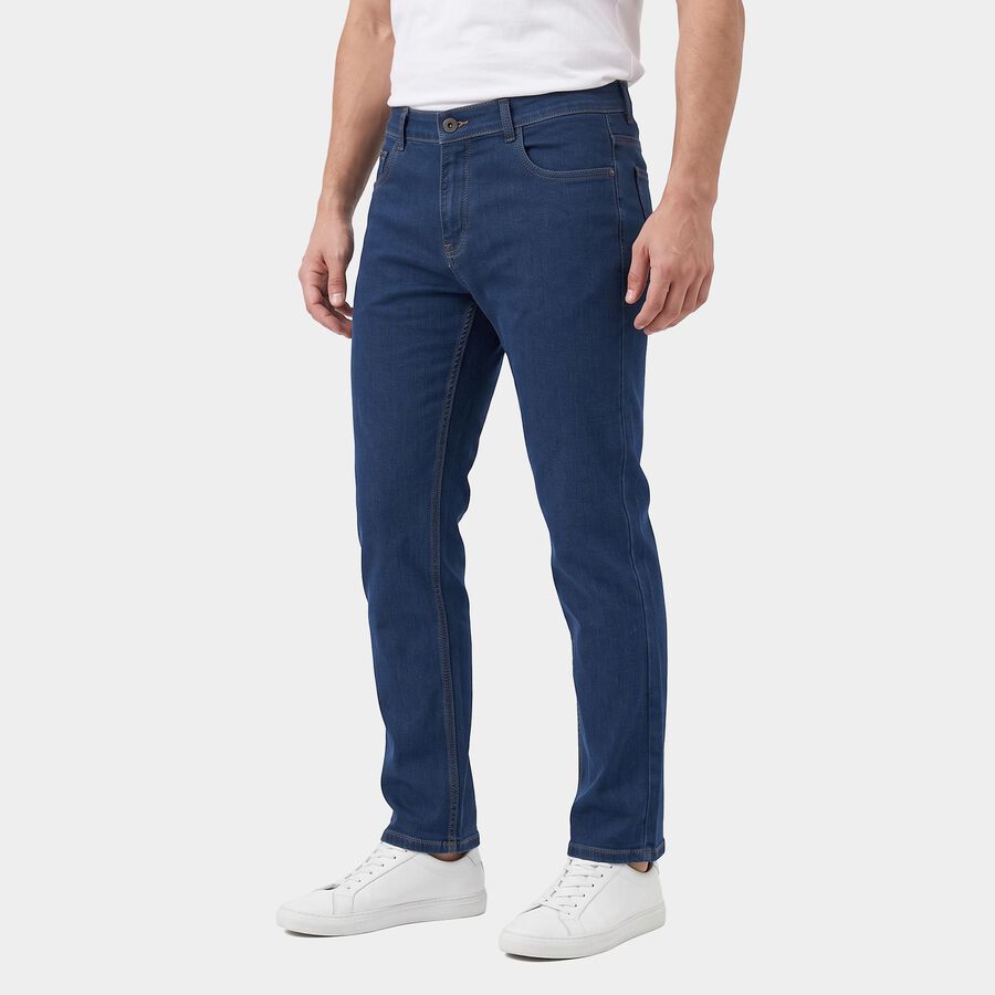 Men's Navy Blue Slim Fit Faded Jeans, मध्यम नीला, large